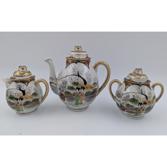 Antique Kutani Japan Eggshell Thin Porcelain Tea Set Luncheon Snack Set for 4